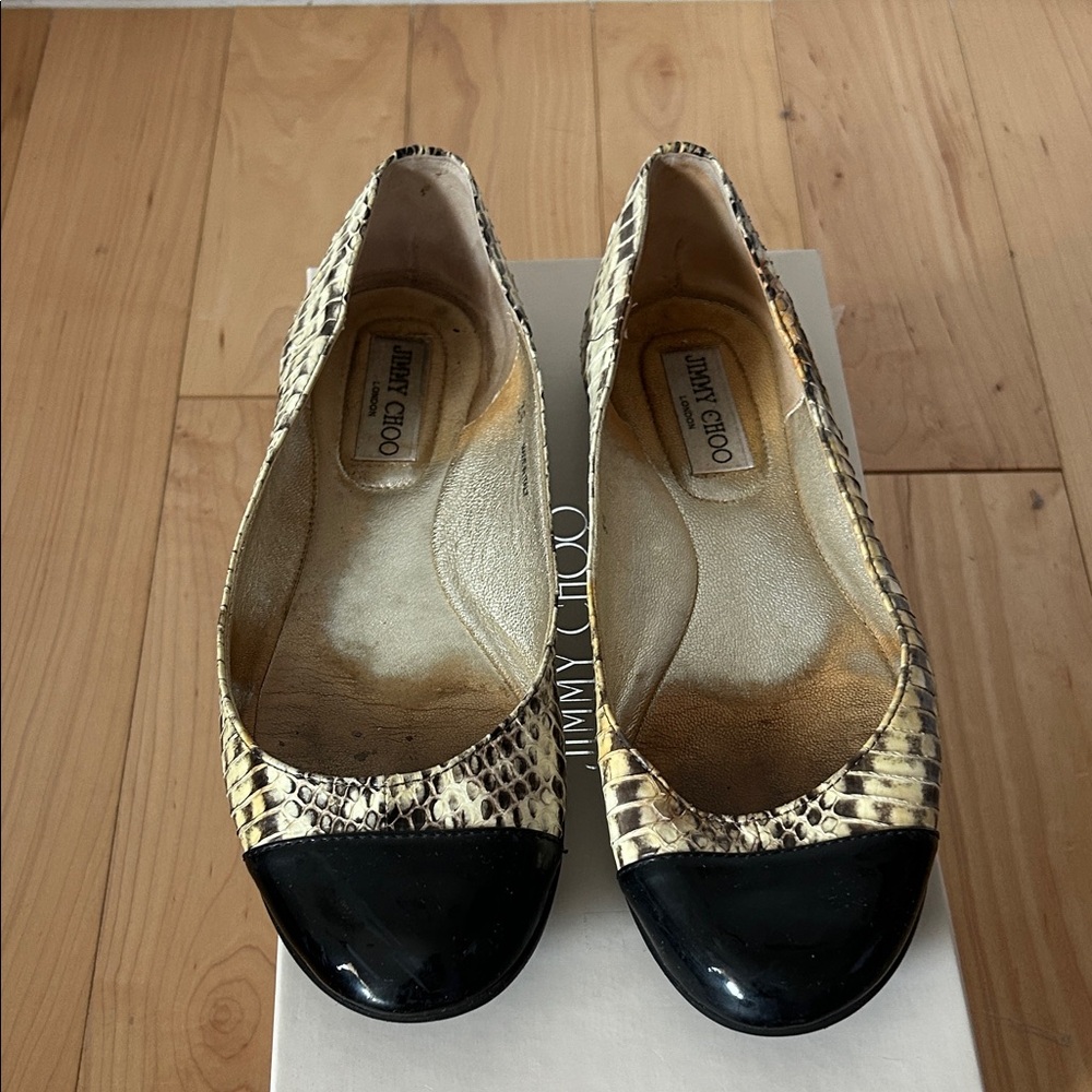 Jimmy Choo Snakeskin and Black Cap Toe Flats